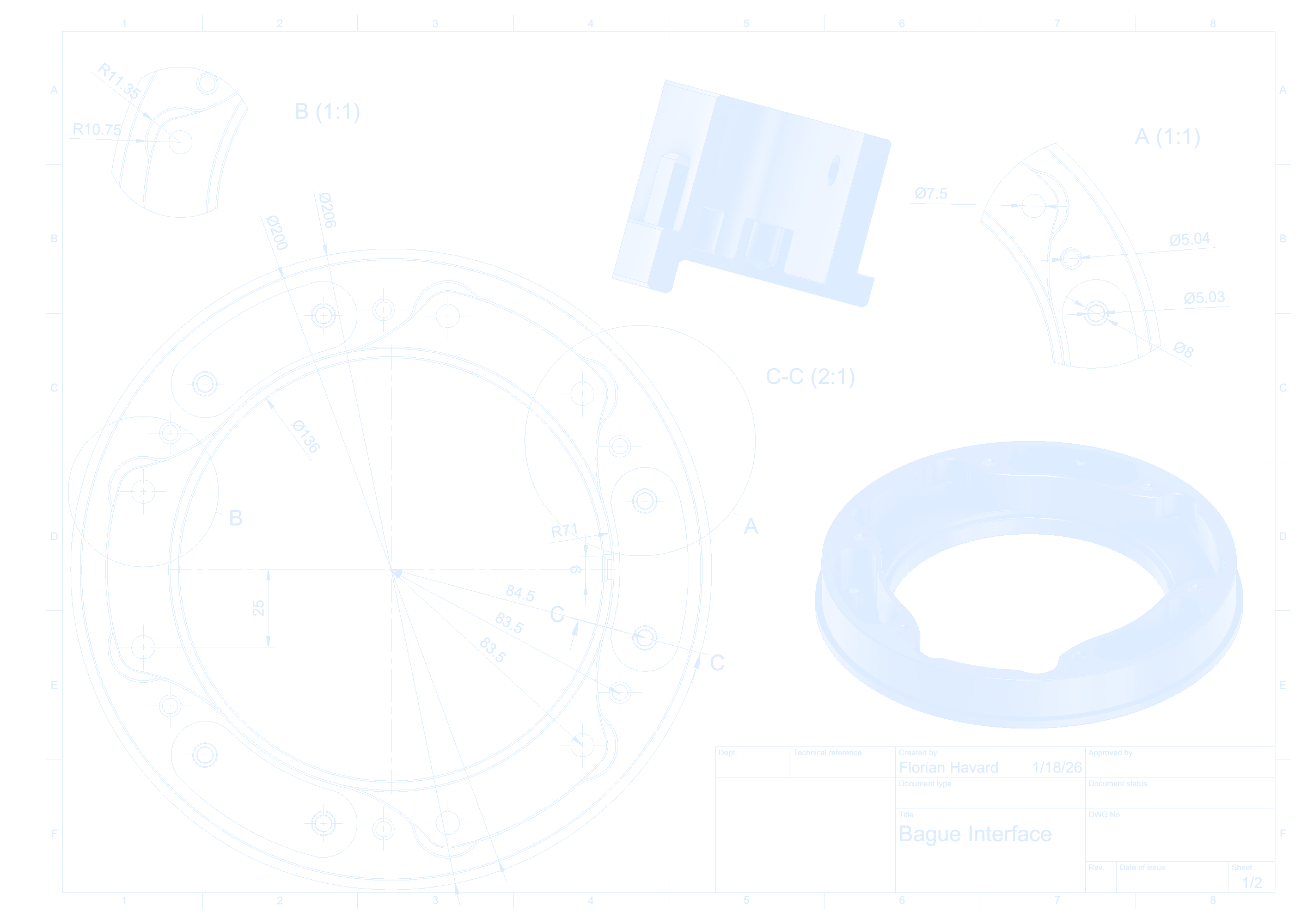 Mise en plan Fusion 360 d'une bague d'interface, diamètre 206 mm