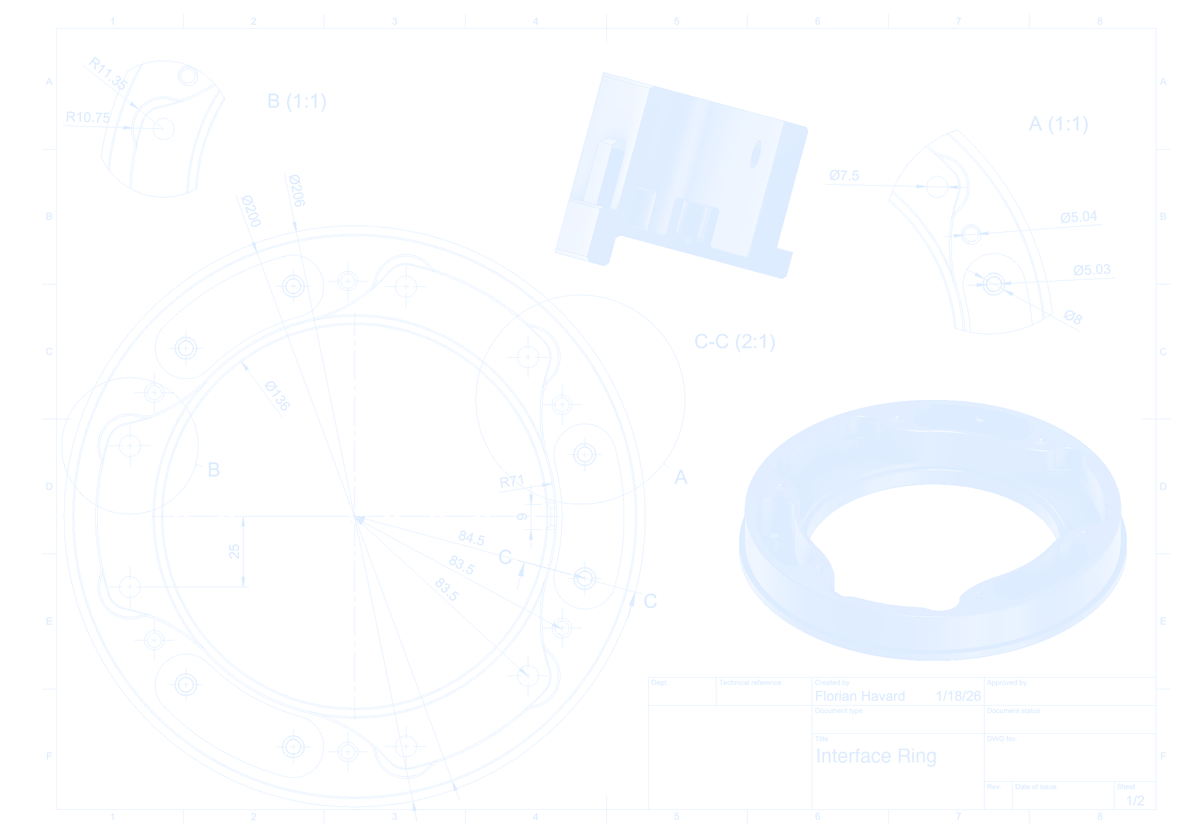 Fusion 360 drawing of an interface ring, 206 mm diameter