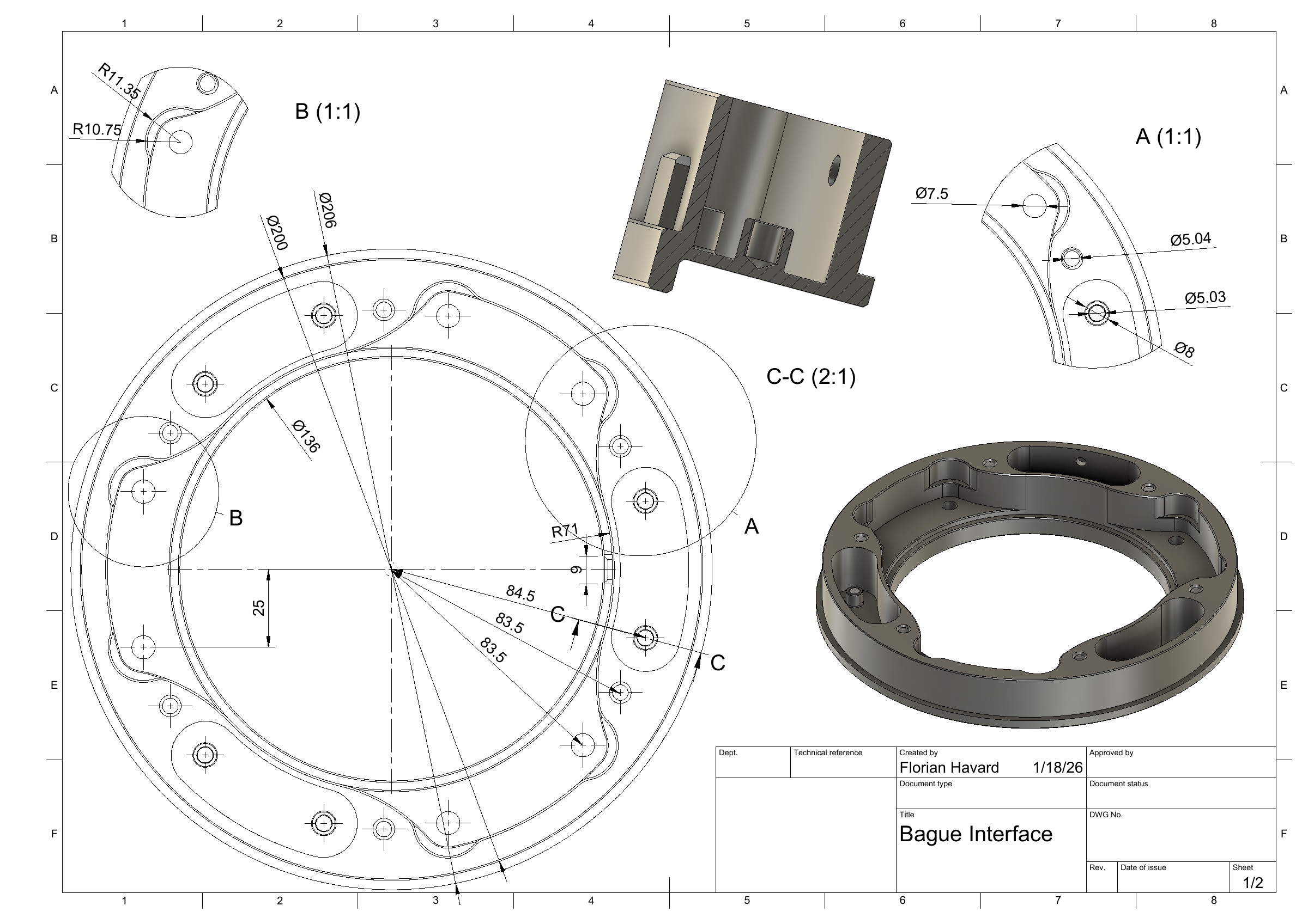 Fusion 360 drawing of the interface ring, 206 mm diameter